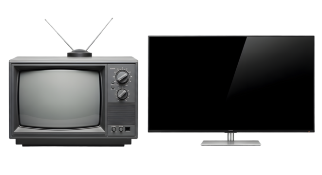 Vintage Television and Flat Screen TV Set in Modern Living Room