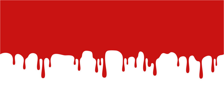 Halloween vector blood seamless border. Red dripping liquid paint with splatter, leaking bleeding splashes. Horror stain, crude blob bg. Isolated horror ink trickle. Grunge splat abstract leak texture