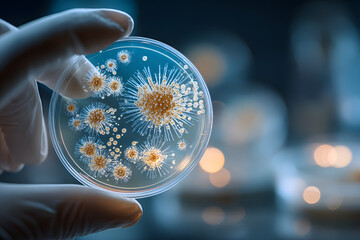 Petri dish with Candida auris colonies held by gloved hand in laboratory. Sharp close-up in clinical setting, ideal for medical training, microbiology materials, or scientific presentations