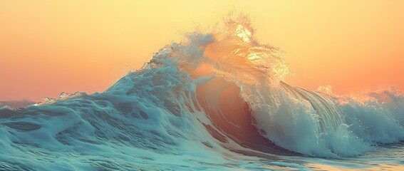 Powerful ocean wave breaking at sunset with golden sky, turquoise water creating dramatic splash and curl formation, capturing dynamic movement and natural force.