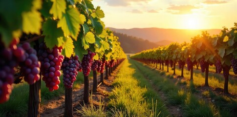 Naklejka premium Sunlight dapples rows of ripe grapes hanging heavy on the vine, ready for harvest in a picturesque vineyard Golden hour illuminates the lush landscape , fresh grapes, sun, wine grapes