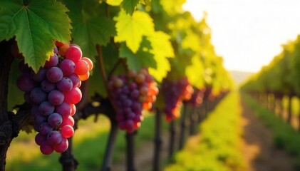 Fototapeta premium Sun-dappled Grapes Hanging Heavy on Vine in Picturesque Vineyard, Ready for Harvest