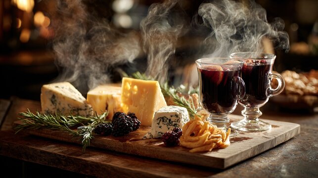 A warm kitchen atmosphere, cheese board with steam from mulled wine