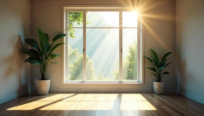 Sunlight streams through a large window, illuminating dust motes dancing in the air inside a bright, airy room The scene offers a sense of calm and tranquility , glass, spacious