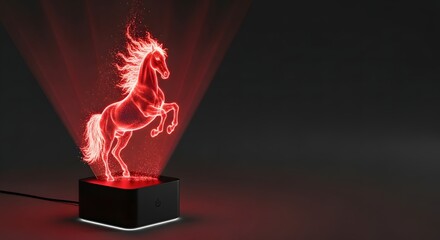 Red holographic fire horse is projected from black device. Symbol of 2026 New Year banner in neon light on dark background with copy space. Technology and AI concept