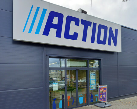 Poznan, Poland - 15 October 2025: Action shop logo.