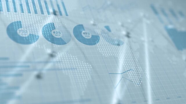 Financial graphs and infographics on world map background with market data report.