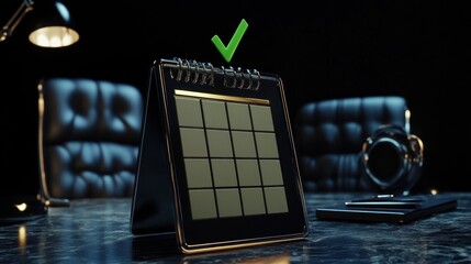 Dark office setting, calendar with check mark