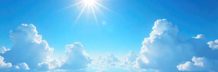 Vast expanse of clear blue sky, fluffy white clouds scattered across the horizon, sun shining brightly  Perfect for travel, nature, and weather-related projects ,  bright,  climate
