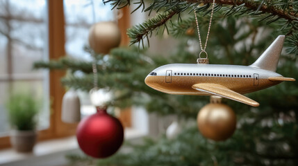 Airplane ornament hanging on Christmas tree branch with festive baubles, cozy indoor holiday atmosphere, soft natural light