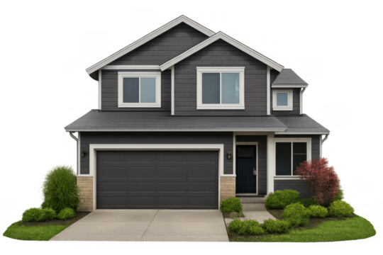 Suburban family residence with modern grey exterior and well-maintained green landscaping on transparent background