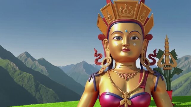 Golden Tara Statue: Serene Mountain Backdrop, Animated Buddhist Iconography