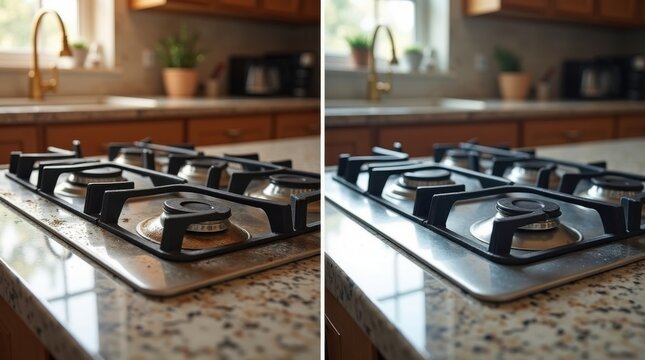 Vista antes y despu&eacute;s de una estufa de gas: superficie sucia y grasosa vs. superficie relucientemente limpia, encimera de cocina con luz tenue