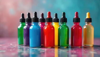 Vibrant liquid food coloring in various colors, displayed in small bottles and droppers, ready for baking or cooking Perfect for culinary projects and adding color to food , vibrant, pastry