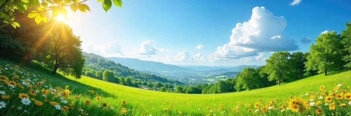 Obraz premium Vibrant summer scene featuring lush greenery, sun-drenched landscapes, and clear blue skies Perfect for travel, vacation, or summer-themed projects , joyful, breathtaking, vibrant