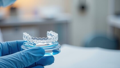 Create an image featuring a clear orthodontic tray with invisible leveling brackets and a mobile orthodontic appliance for teeth c