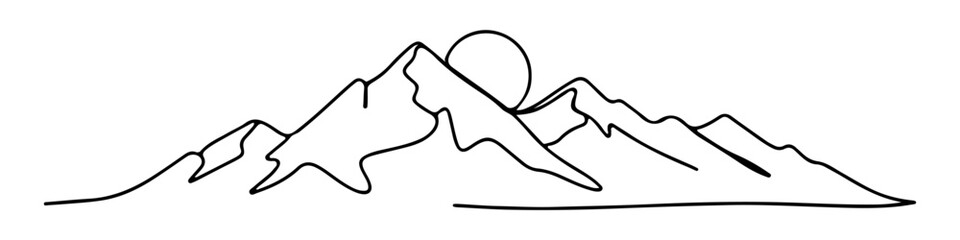 Mountains and sun continuous one line drawing. Hand drawn sunset panoramic view.