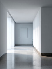Minimalist white hallway with blank canvas, sunlight streaming through large window, modern interior, serene and peaceful atmosphere