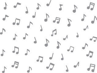 A scattered pattern of musical notes arranged in a playful black and white design, perfect for creative backgrounds and decoration.