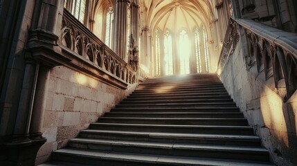 Fototapeta premium Sunlit stone staircase in gothic cathedral interior.