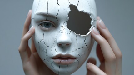 Cracked white mask held by hands, eye missing