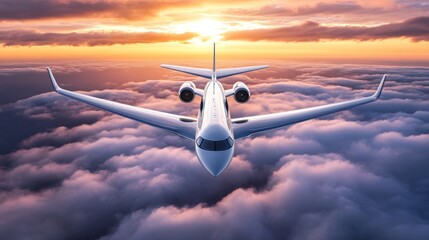 Private jet soars through clouds at sunset