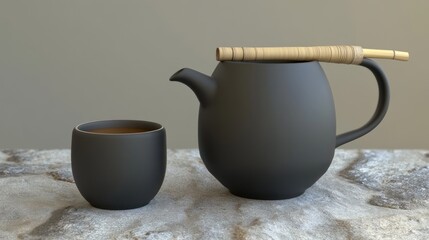 Dark-colored tea set, minimalist style, on a textured surface