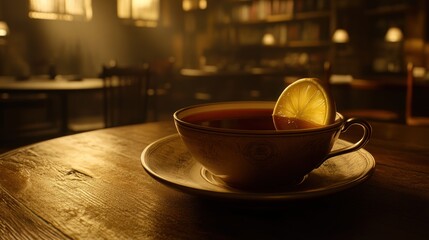 Warm tea, lemon slice, vintage cafe