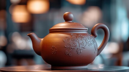 Close-up of a terracotta teapot with floral carving