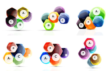 Hexagonal shapes display letters. Vibrant colors create modern design elements. Graphics suggest data points, connections, visual communication.