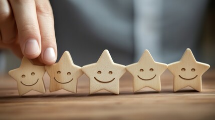 A hand places a star on top of a row of wooden stars with smiling faces