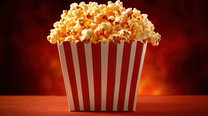Popcorn in a red and white striped box against a blurred orange background