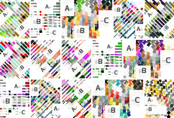 Abstract geometric patterns fill frame. Diagonal lines, rectangles, vibrant colors create complex visual texture. Letters mark sections.