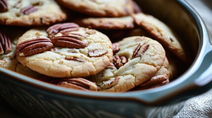 Stacked pecan cookies in a teal bowl