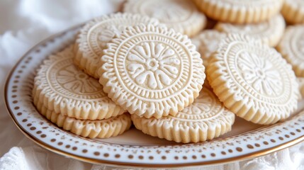 Stacked, ornate cookies on a decorative plate