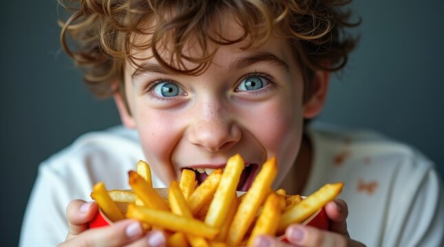 Un adolescente emocionado sostiene un lote humeante de papas fritas doradas