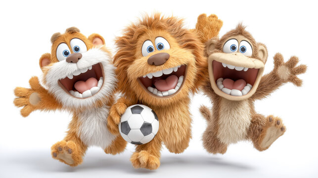 Cheerful cartoon fox lion monkey soccer ball playful cute smiling furry animated joyful characters jump together in white background fun energy friendly team children illustration