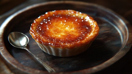 Close-up of a small, caramelized custard tart on a dark wooden plate