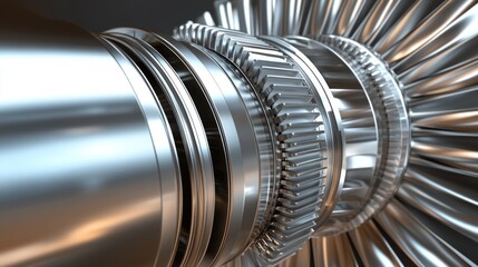 Close-up of a metallic jet engine turbine