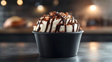 Chocolate-drizzled ice cream scoop in black cup