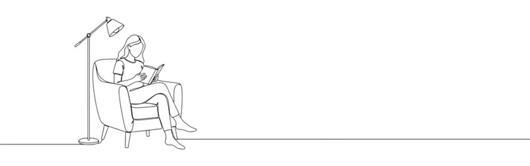 Continuous one-line drawing of a woman reading a book in an armchair under a lamp, depicting relaxation, education, and cozy indoor activities.