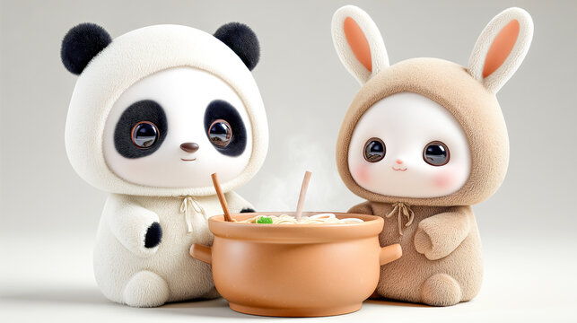 Cute panda rabbit cartoon chibi kawaii plush soft cozy cooking ramen