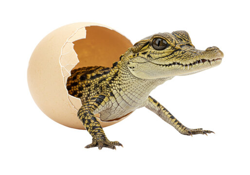Isolated Baby Alligator Hatching From Egg, Cute Animal Wildlife in Nature, Newborn Reptile
