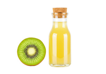 Isolated kiwi slice and bottle of yellow juice create a natural refreshment pairing