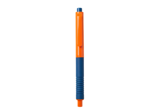 Isolated pen object in vibrant orange and blue color scheme on a neutral background