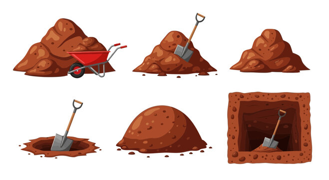 Six illustrations depict piles of soil, a wheelbarrow, a shovel, and a hole in the ground.