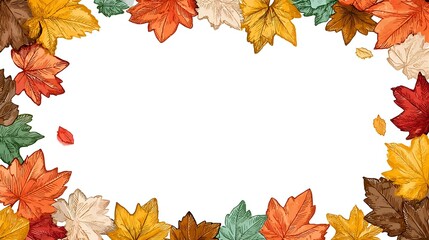 Fototapeta premium Colorful autumn maple leaves frame border on white isolated background. Seasonal fall foliage arrangement in orange, yellow, red and green creates decorative design element.