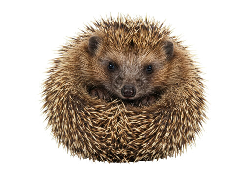 Isolated European hedgehog curled up in a defensive posture, showing its adorable face