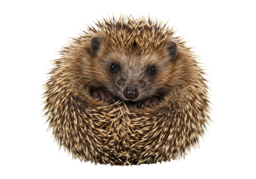 Isolated European hedgehog curled up in a defensive posture, showing its adorable face