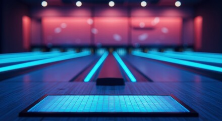 Dramatic interior of a neon bowling alley with vibrant blue lights and a retro-futuristic atmosphere